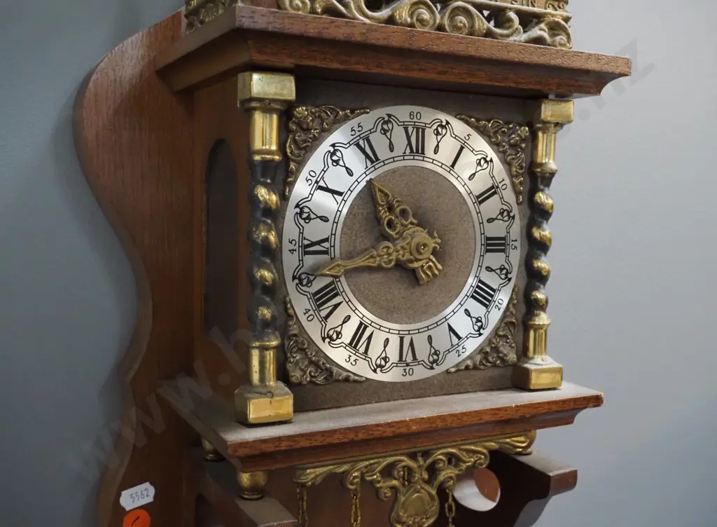 wood-cased wall clock with ormolu ornaments, Atlas figure, figural pendulum, some pitting to brass weights H640 W250 Image 1++