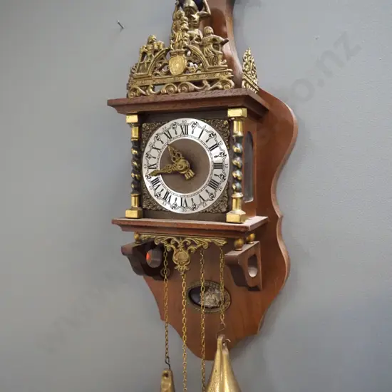 wood-cased wall clock with ormolu ornaments, Atlas figure, figural pendulum, some pitting to brass weights H640 W250