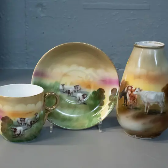 2 pieces of Royal Bayreuth china - cow vase H-140 and sheep cup & saucer