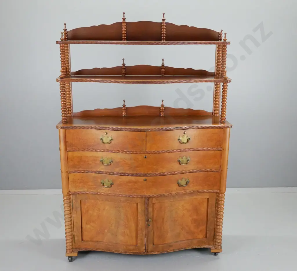 antique walnut and flame veneer bow-front chiffonier with 3 drawers, 2 doors, cotton reel turnings, herringbone beading, Image 1++