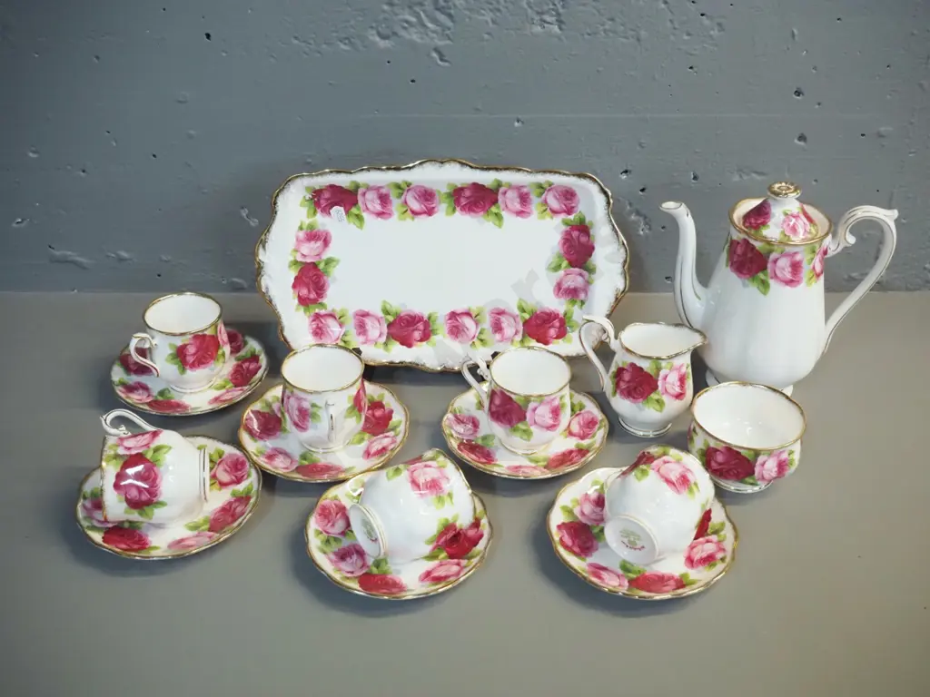 Royal Albert 16-piece 'Old English Rose' coffee set including pot H-180 W-170 and sandwich tray Image 1++