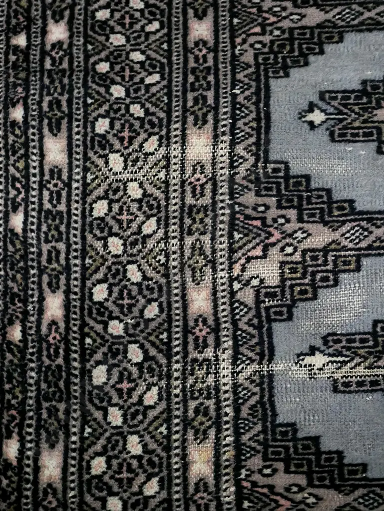woollen handknotted runner in slate ground colour, central panels of doamond decoration, Image 1++