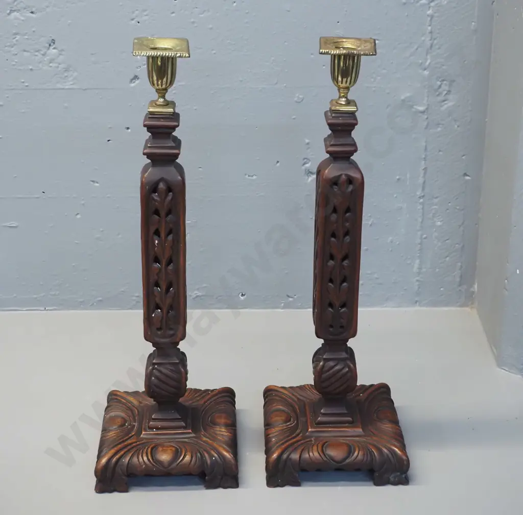 pair of ornate carved and pierced timber candlesticks with brass candle holders H-440 Base 140 x 140 Image 1++
