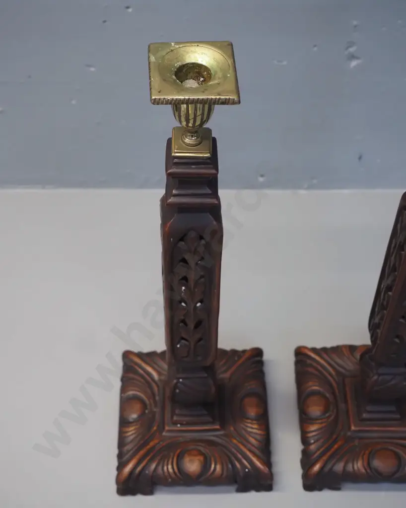 pair of ornate carved and pierced timber candlesticks with brass candle holders H-440 Base 140 x 140 Image 1++