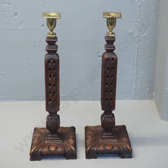 pair of ornate carved and pierced timber candlesticks with brass candle holders H-440 Base 140 x 140