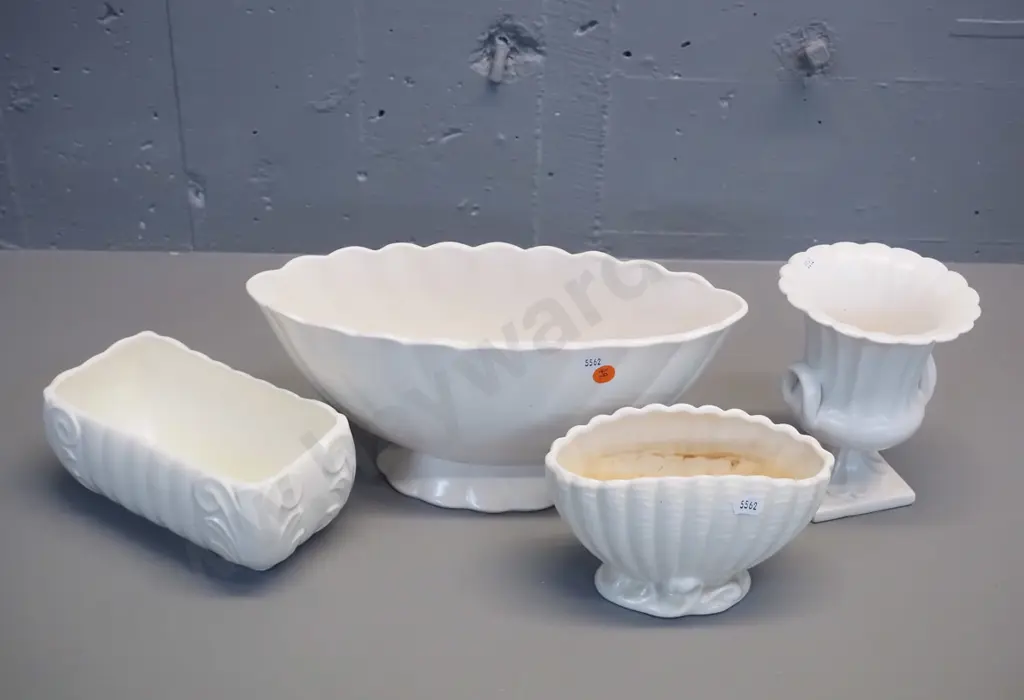 4 English white glazed vases - Sylvac small shell vase, Brentleigh large fan shaped trough H140 L310, KSP trough, Image 1++