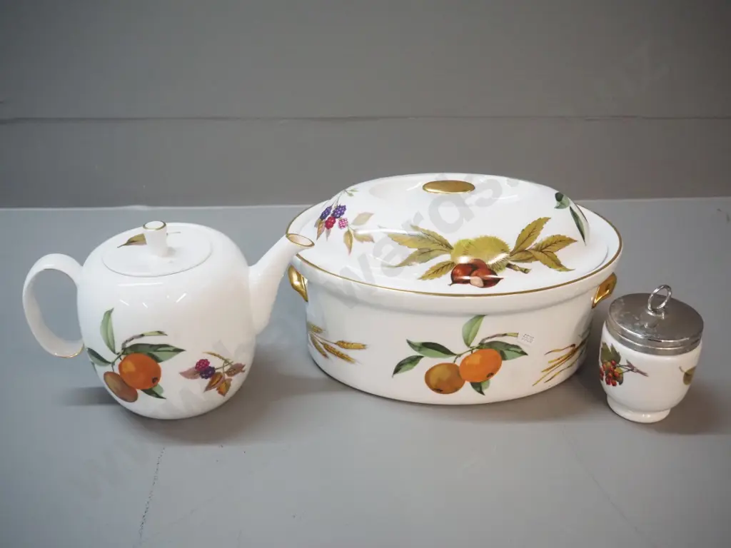 2 pieces of Royal Worcester Evesham pottery - oval casserole H150 L270 and teapot - and a Royal Worcester egg coddler Image 1++