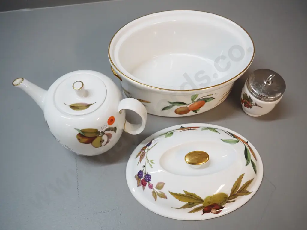 2 pieces of Royal Worcester Evesham pottery - oval casserole H150 L270 and teapot - and a Royal Worcester egg coddler Image 1++