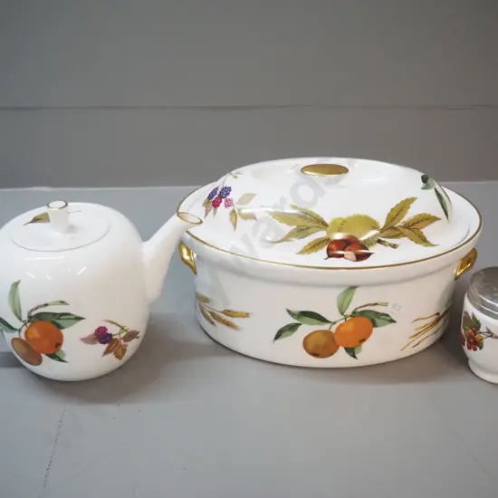 2 pieces of Royal Worcester Evesham pottery - oval casserole H150 L270 and teapot - and a Royal Worcester egg coddler