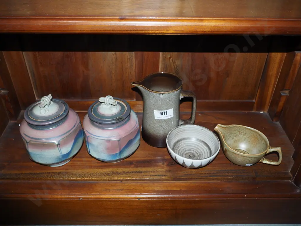 5x studio pottery items; Hanmer Pottery bowl, Temuka jug, Te Rona jug H-180, 2x lidded canisters Image 1++