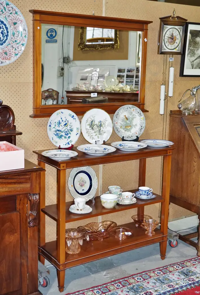 solid timber hall table with 2 adjustable shelves, separate framed wall mirror - table is H-905 W-1000 D-380 Image 1++