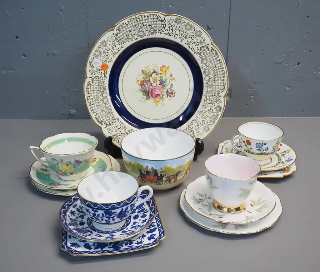 4 English china trios - Aynsley, RoyalALbert & 2 Doulton, Royal Doulton coashing days small bowl and Woods Image 1++