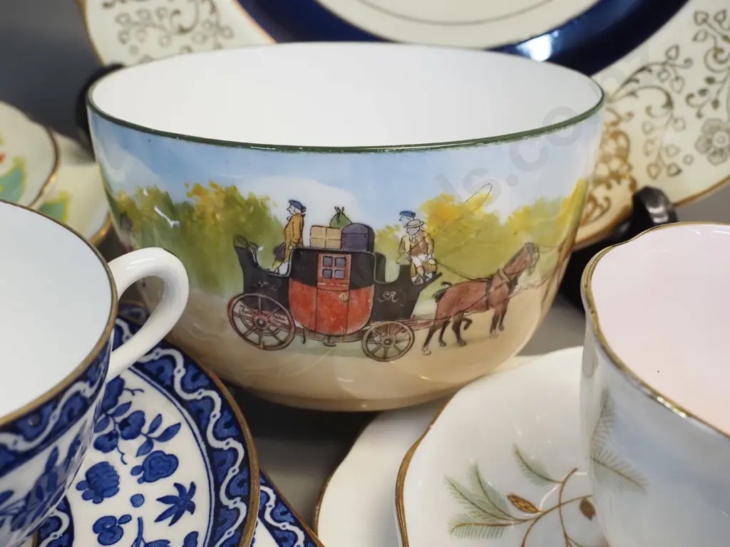 4 English china trios - Aynsley, RoyalALbert & 2 Doulton, Royal Doulton coashing days small bowl and Woods Image 1++