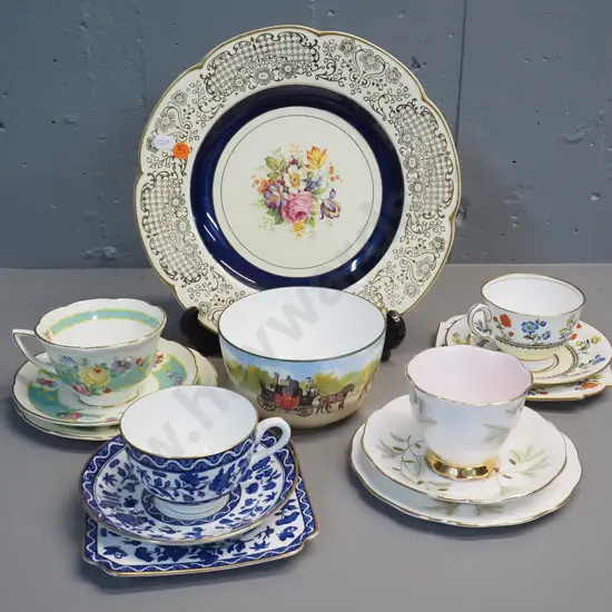 4 English china trios - Aynsley, RoyalALbert & 2 Doulton, Royal Doulton coashing days small bowl and Woods