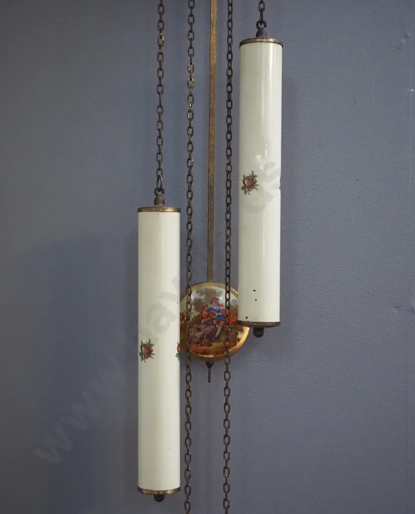 German wall clock with romance scene motif face and pendulum - plastic, porcelain and metal - some dents to weights Image 1++