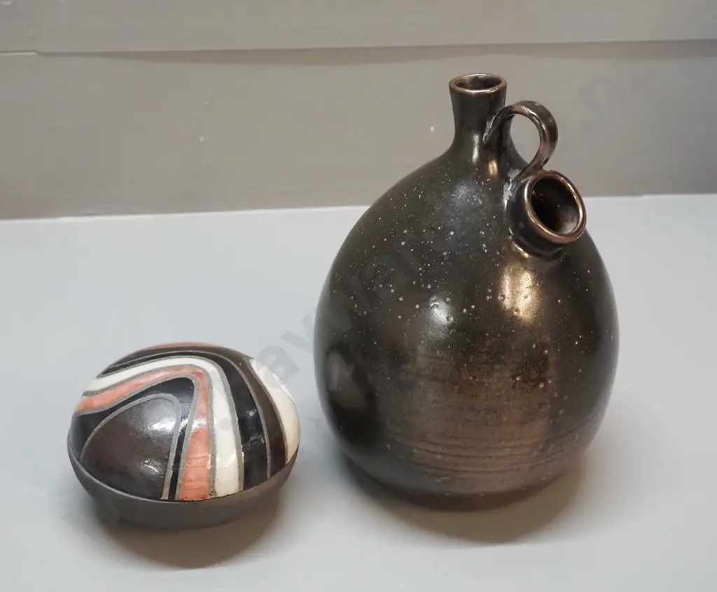 2 studio pottery items - spouted vessel H-210 D-140 and a round lidded pot with abstract pattern, no maker's marks Image 1++