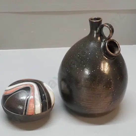 2 studio pottery items - spouted vessel H-210 D-140 and a round lidded pot with abstract pattern, no maker's marks