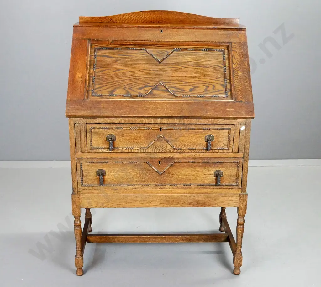 deco oak drop-front writing desk with 2 drawers, internal partitions, metal drop handles, decorative beading. No key, Image 1++