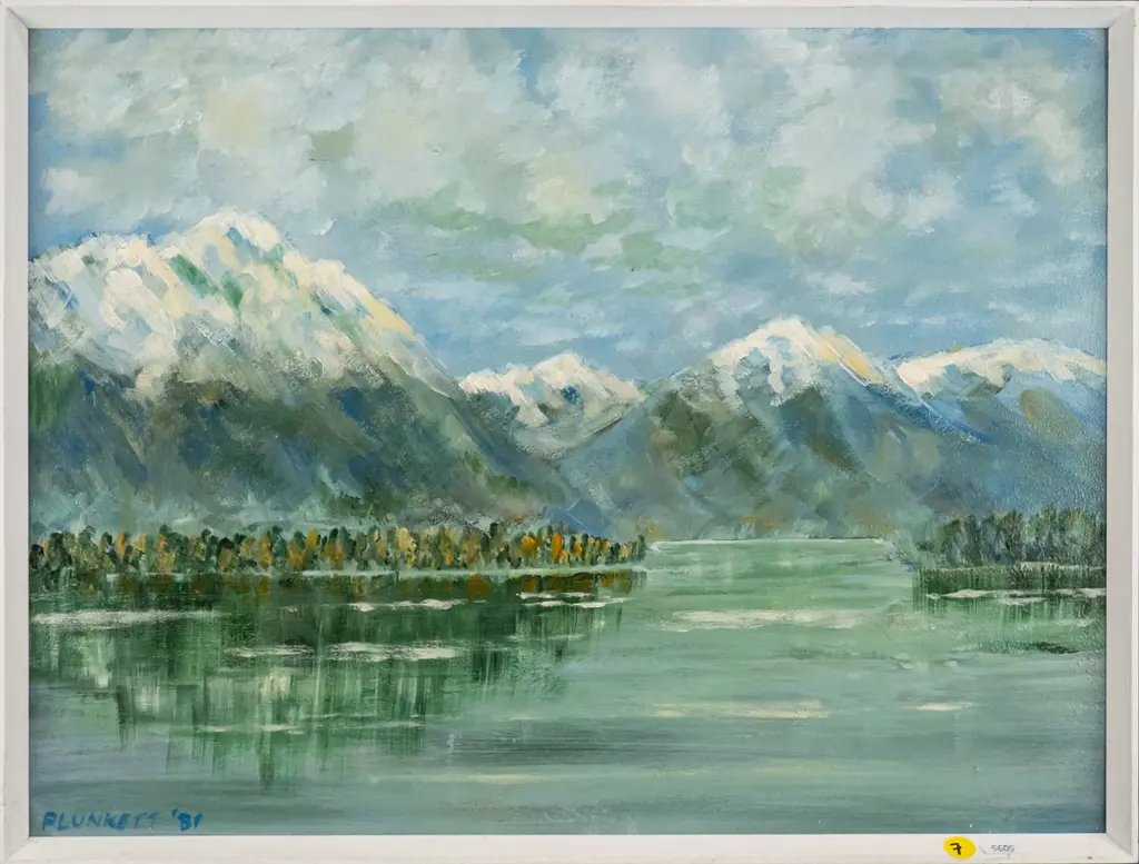 Plunkett '81 - framed oil - Glendhu Bay, Wanaka H-360 W-470 Image 1++