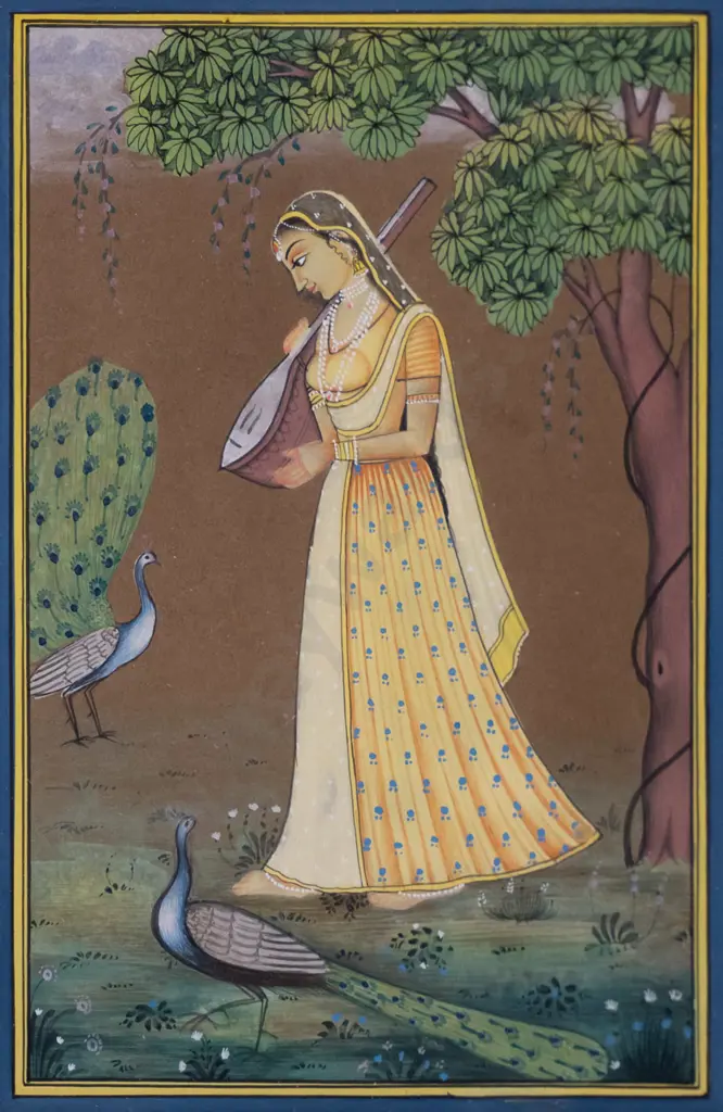framed watercolour - woman with peacocks H-120 W-80 Image 1++