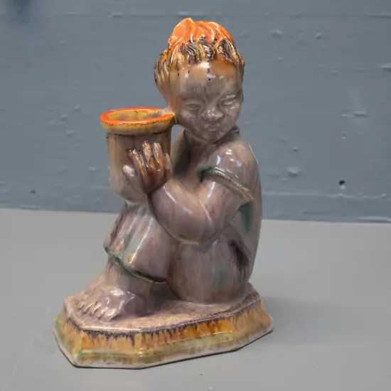 figural drip glaze pottery candle holder, no maker's marks - marked No 2028 on base H-180 W-120