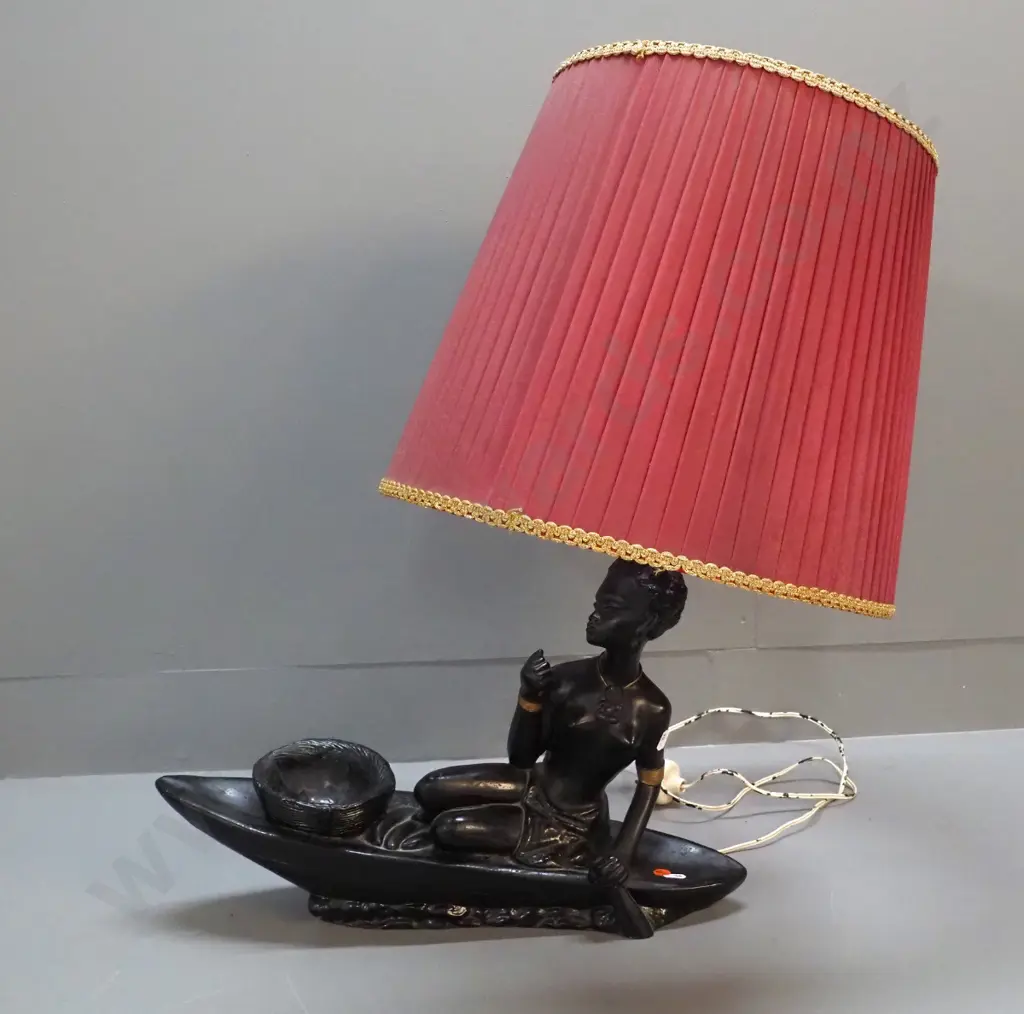retro black painted figural table lamp - woman in canoe. With pleated shade. H-700 L-480 Image 1++