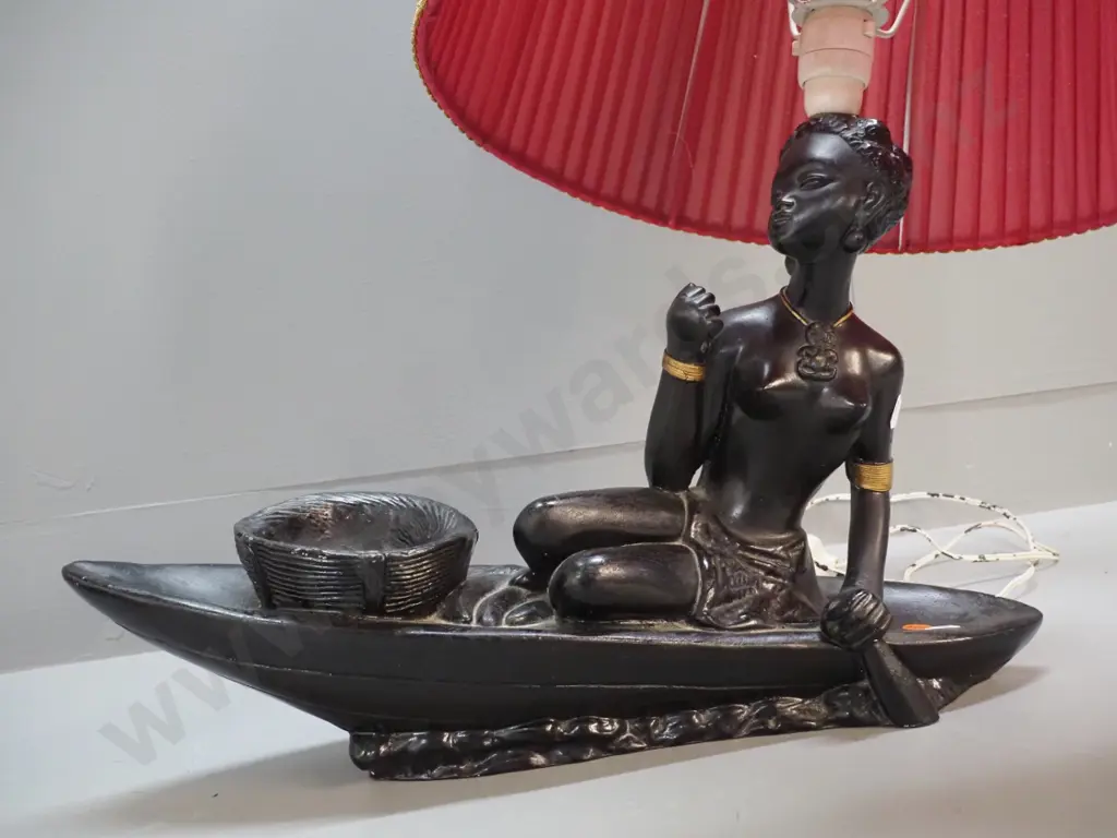 retro black painted figural table lamp - woman in canoe. With pleated shade. H-700 L-480 Image 1++