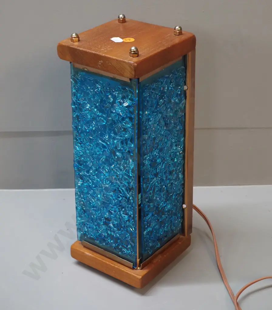 vintage New Zealand made retro light fitting with timber and metal case, textured blue glass panels H330 W120 D120 Image 1++