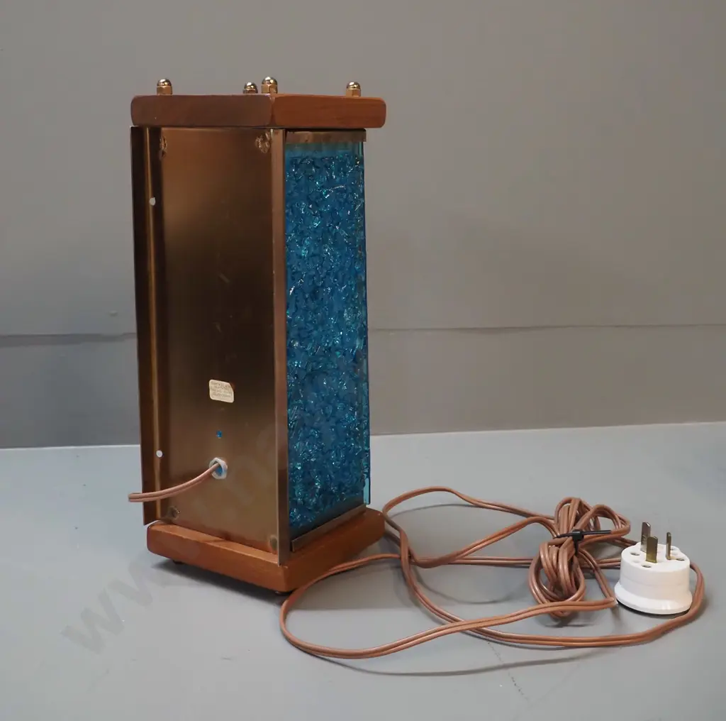 vintage New Zealand made retro light fitting with timber and metal case, textured blue glass panels H330 W120 D120 Image 1++