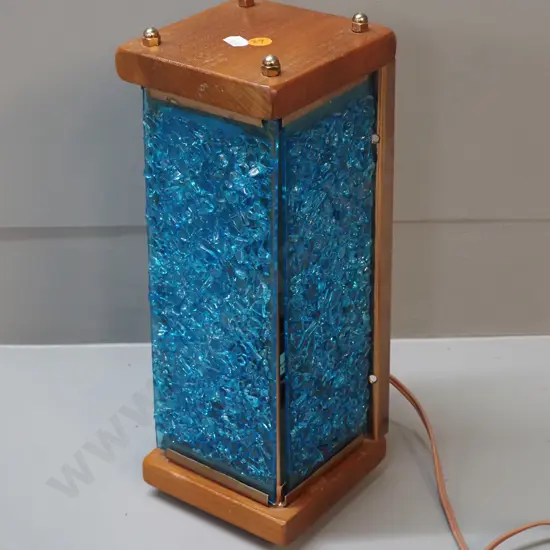 vintage New Zealand made retro light fitting with timber and metal case, textured blue glass panels H330 W120 D120