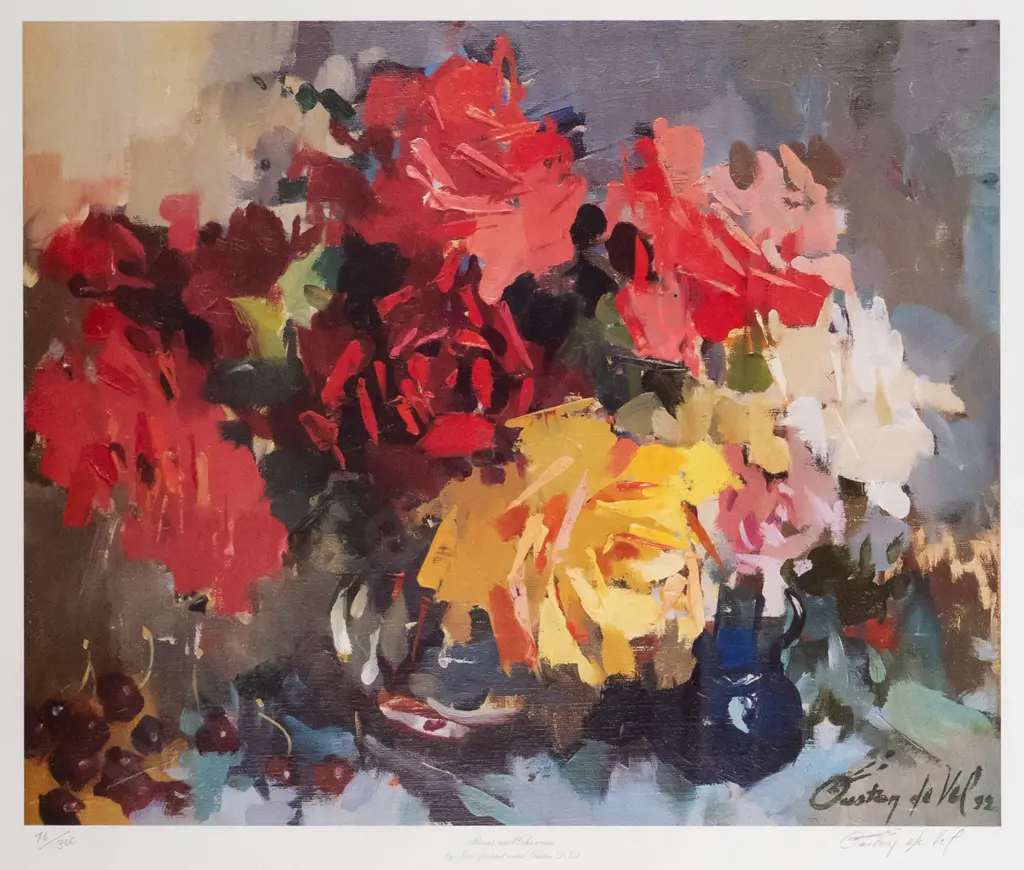 framed and signed Gaston De Vel ltd edition print 76/300 "Roses and Cherries" H-440 W-540 9slight marking to mat) Image 1++