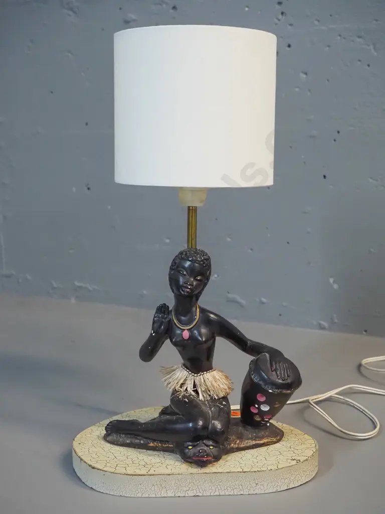 retro figural table lamp base - composite with crackle finish wood base, small non-original shade H-415 Image 1++