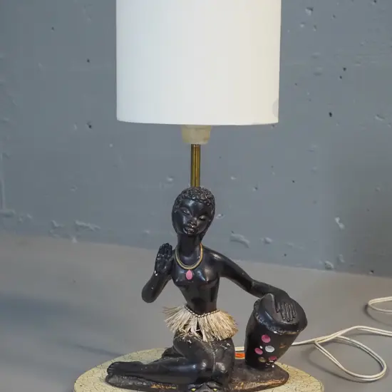 retro figural table lamp base - composite with crackle finish wood base, small non-original shade H-415