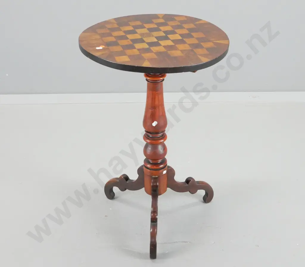vintage tilt-top chess table with 3-footed pedestal base - tilt mechanism missing, top sits loose, some lifting to chess Image 1++