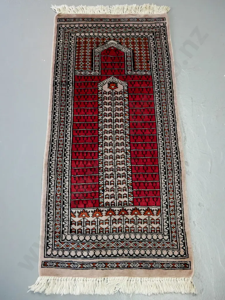 hand knotted woollen prayer rug, red ground with multiple geometric borders,  L-1040 W-490 Image 1++