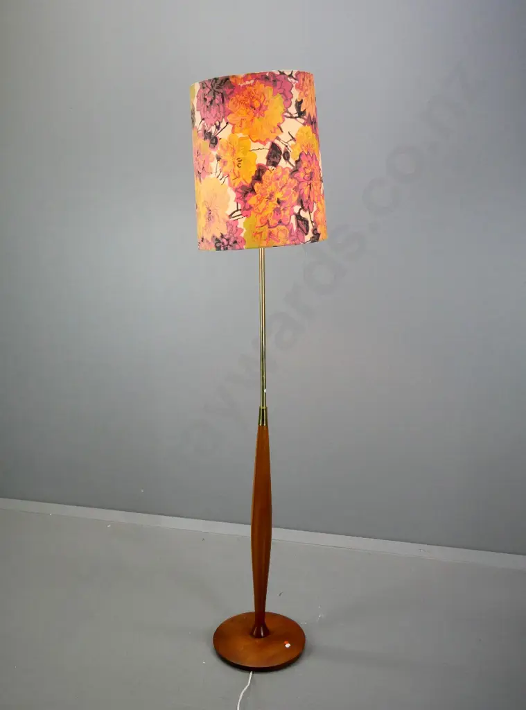 mid-century mahogany and brass based standard lamp with floral shade - some scratches to polish, discolouring to brass Image 1++