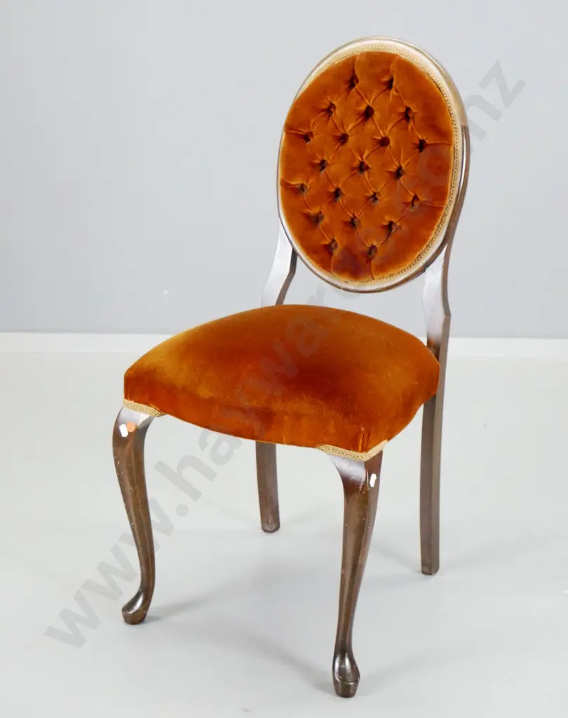 cab-leg mahogany framed bedroom chair covered in velvet with oval deep-button back, polish needs attention, some trim Image 1++