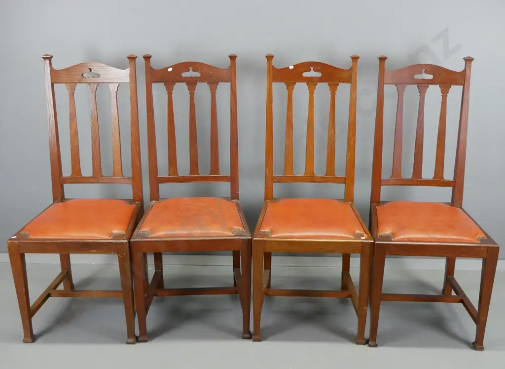 set of 4 deco oak high slat back dining chairs - leather upholstered seats w/studded corner detail H1090 W470 D450 Image 1++