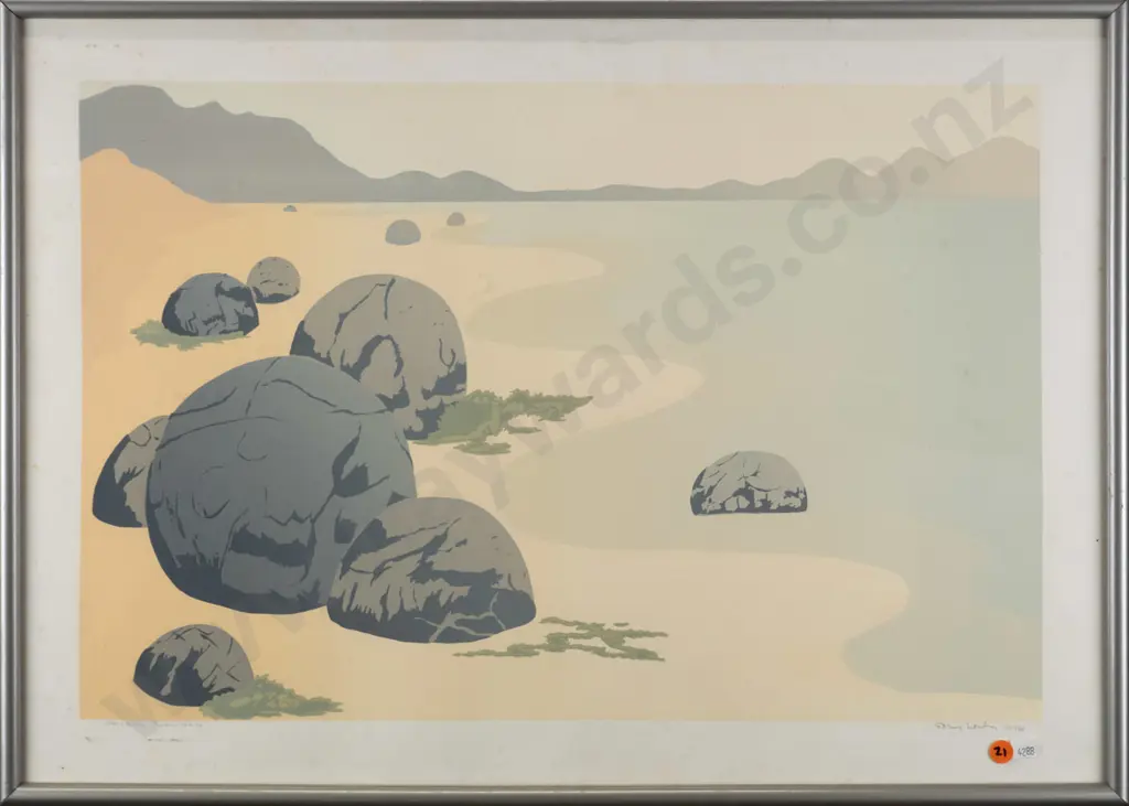 framed ltd edition 51/80 - Moeraki Boulders H-370 W-570 (foxing) Image 1++