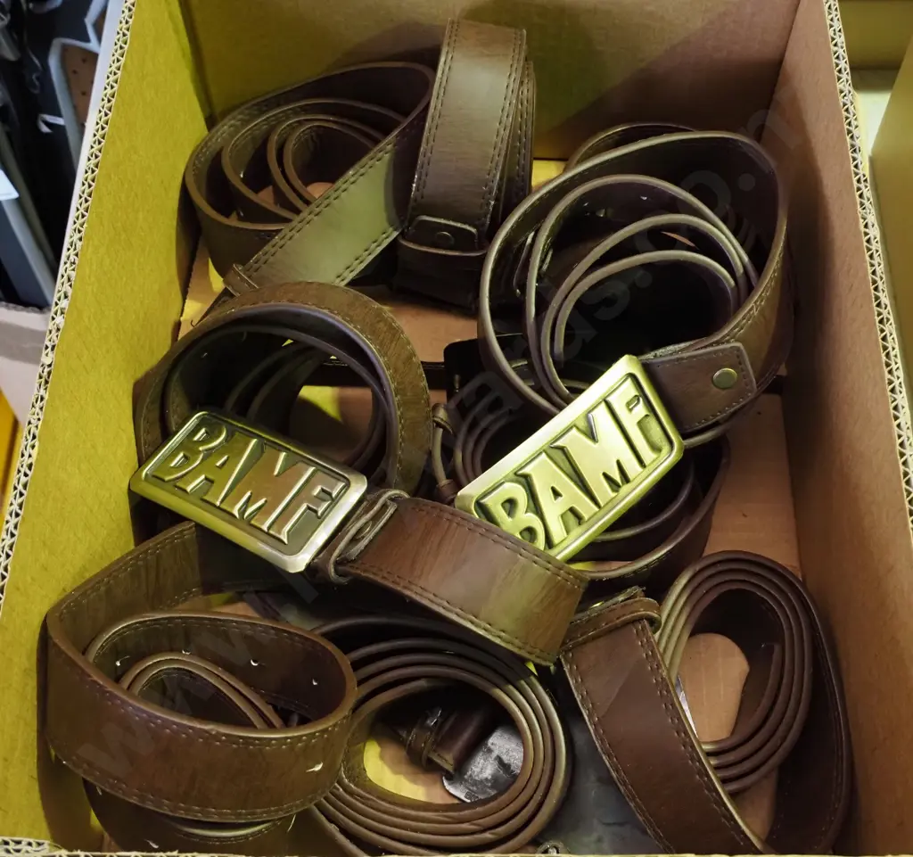 box of Overwatch BAMF vinyl belts with metal buckles Image 1++