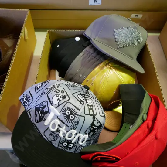 box of Deadpool, Game of Thrones, Totoro and other hats
