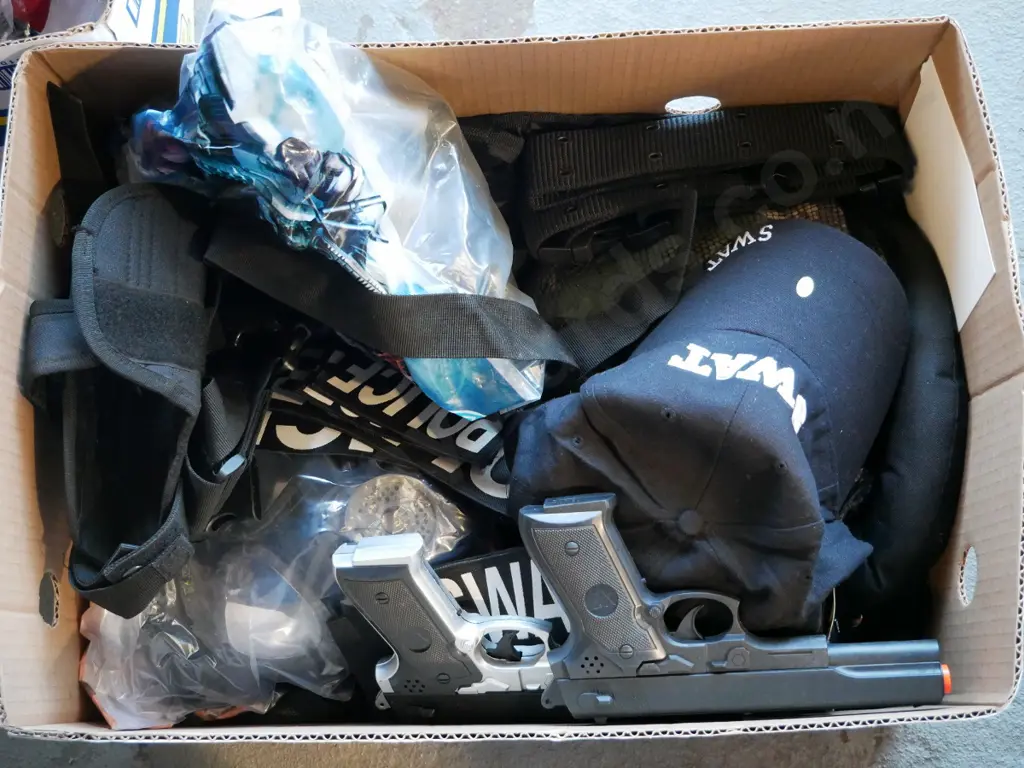 box of SWAT costume items - cap, vests, 2 masks, badges, glasses, belt, kneepads Image 1++