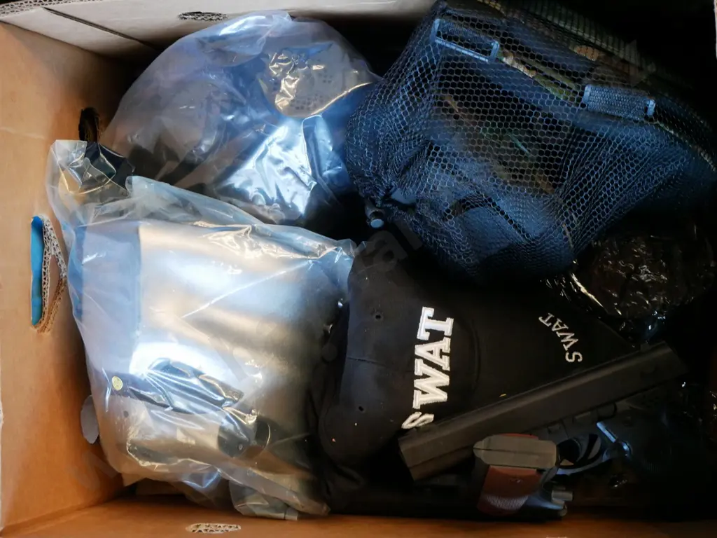 box of SWAT costume items - cap, vest, 2 masks, guns, knee pads Image 1++