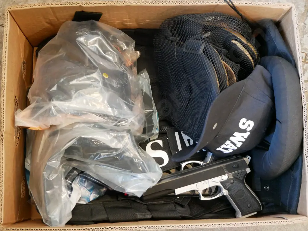 box of SWAT costume items - vests, cap, 2 face masks, knee pads etc. Image 1++