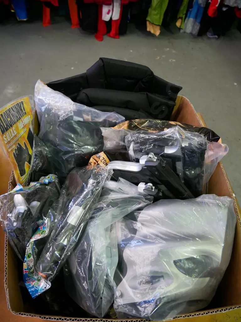 box of SWAT costume items - 3 vests, 6 masks, etc. Image 1++