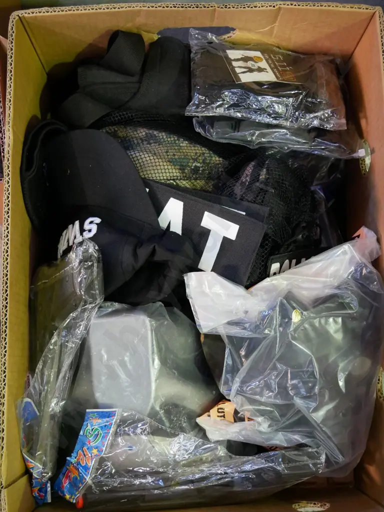 box of SWAT costume items - masks, kneepads, belt etc. Image 1++