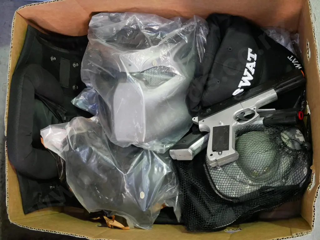box of SWAT costumes - vest, masks, caps, kneepads etc. Image 1++