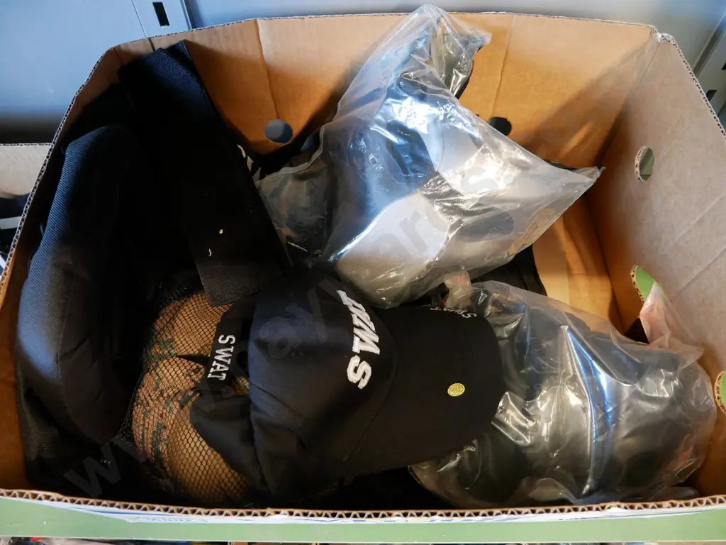 box of SWAT costume items - vests, masks, caps, etc. Image 1++