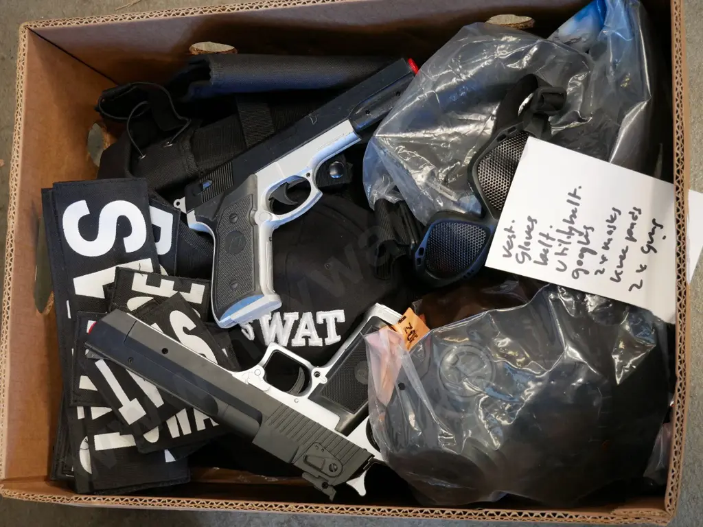 box of SWAT costume items - vestts, gloves, belts, goggles, masks, etc. Image 1++