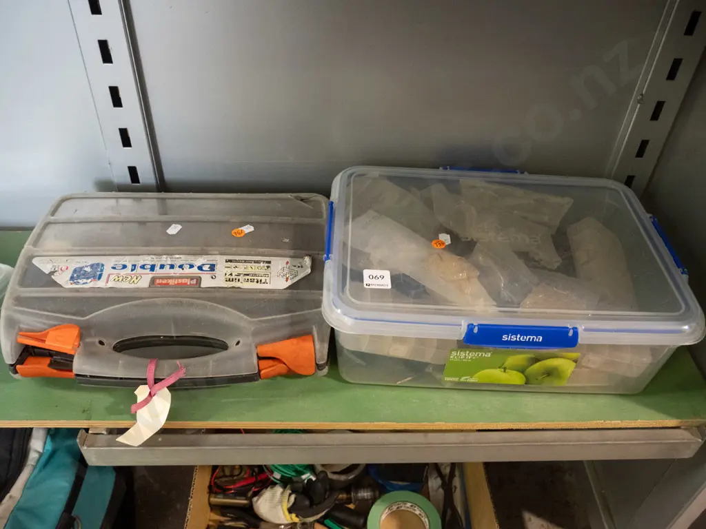 Plastic organiser & container containg bolts, eletrical clips etc and additional plastic box and items Image 1++